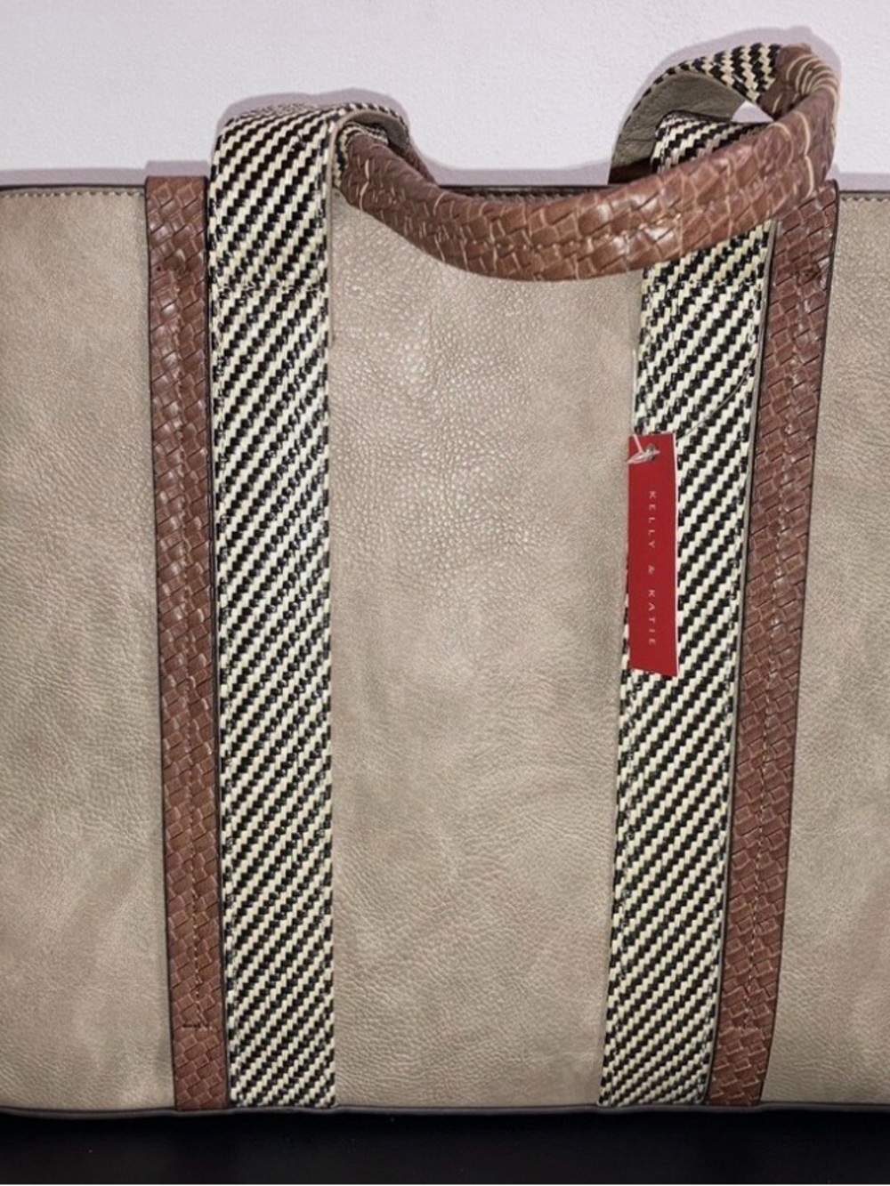 Kelly & Katie Taupe Tote with Brown Trim and Striped Straps